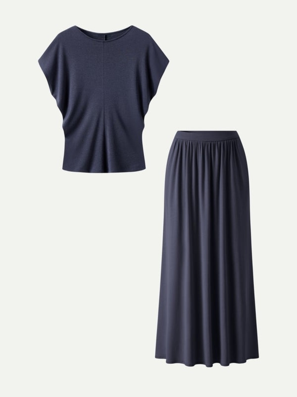 OGL Tencel-Linen 2Pcs Set Round Neck Top & A-Line Maxi Skirt with Pockets